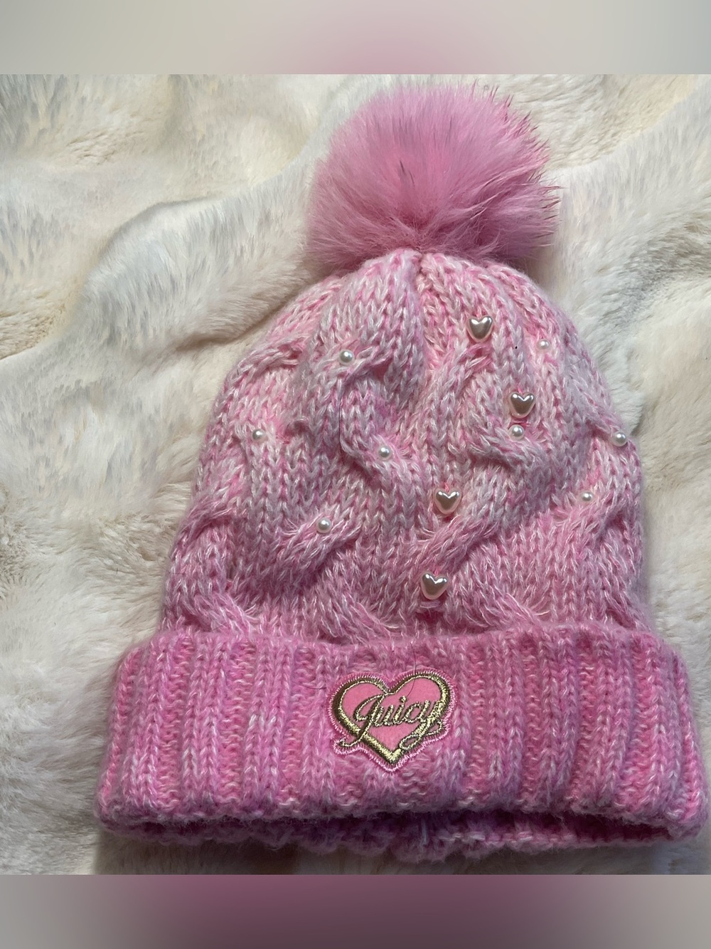 Girls Juicy Couture pink knit pom-pom beanie, one size, NWOT